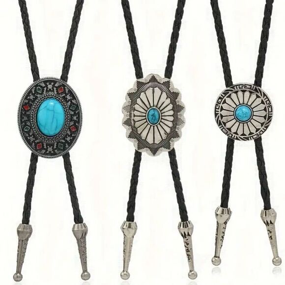 Turquoise Stone Small Round Concho Bolo Tie Mens Casual Western Cowboy Accessory - Picture 6 of 6